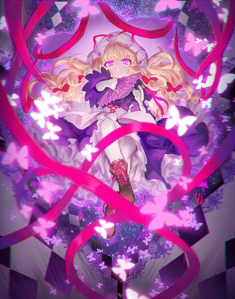 1girl, bangs, blurry, boots, bow, brown_boots, butterfly, choker