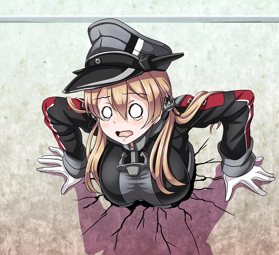 1girl, anchor_hair_ornament, arm_support, blank_stare, blonde_hair, breasts, commentary_request, crying
