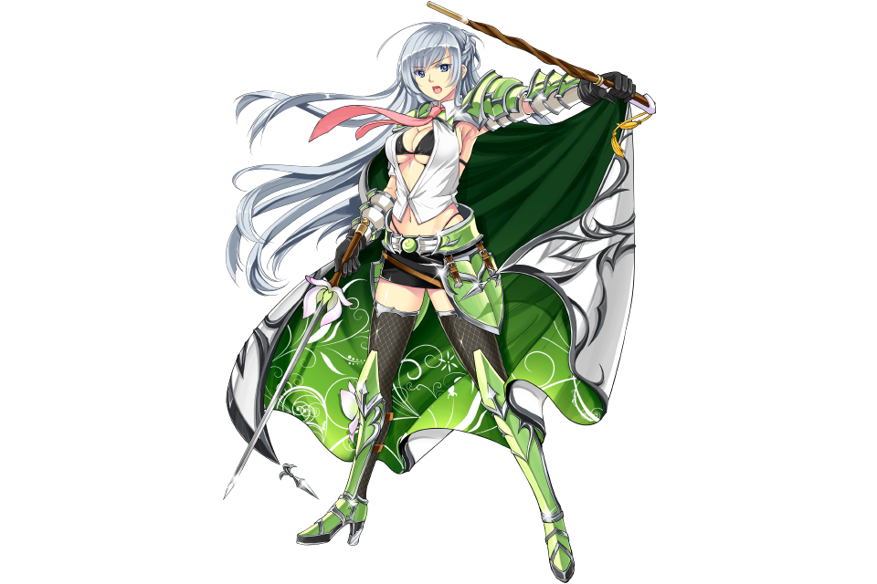 1girl, armor, armpits, artist_request, belt, black_legwear, blue_eyes, breasts, cape, cleavage, flower_knight_girl, full_body, gauntlets, gloves, grey_hair, harienju_(flower_knight_girl), holding, holding_weapon, midriff, miniskirt, navel, necktie, open_mouth, shoulder_armor, skirt, solo, standing, sword, thigh-highs, transparent_background, weapon