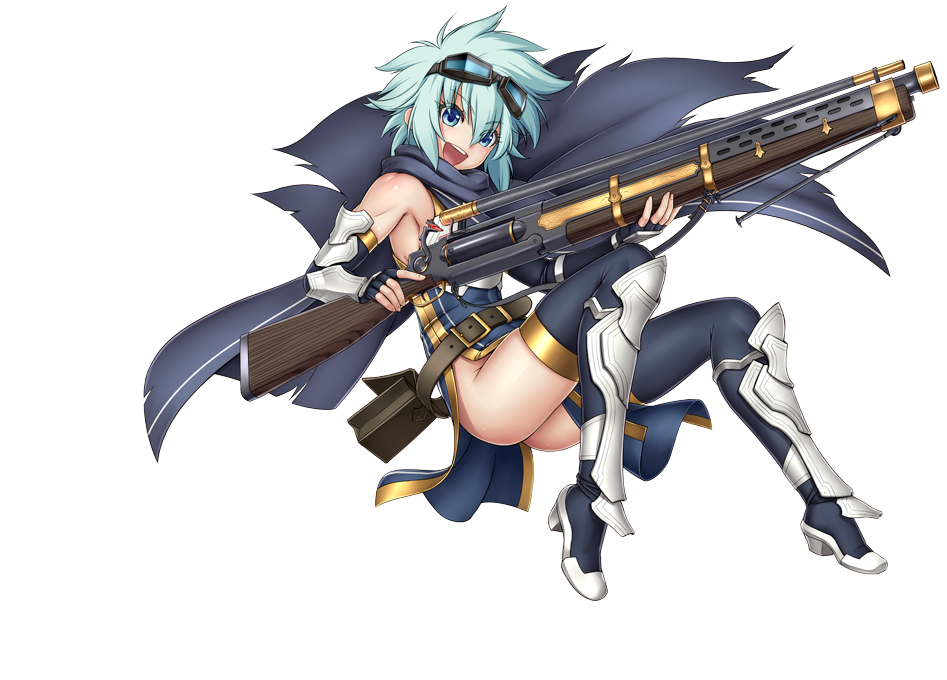 1girl, aqua_hair, armor, armored_boots, belt, blue_eyes, boots, cape, fingerless_gloves, full_body, gloves, gochou_(kedama), goggles, goggles_on_head, gun, high_heels, holding, holding_gun, holding_weapon, official_art, open_mouth, pelvic_curtain, rosel_(sennen_sensou_aigis), sennen_sensou_aigis, short_hair, solo, thigh-highs, thigh_boots, weapon