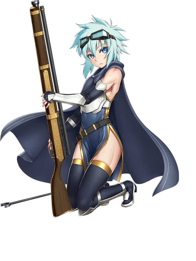 1girl, aqua_eyes, aqua_hair, armor, armored_boots, belt, beltskirt, boots, cape, fingerless_gloves, full_body, gloves, gochou_(kedama), goggles, goggles_on_head, gun, high_heels, holding, holding_gun, holding_weapon, kneeling, looking_at_viewer, official_art, parted_lips, pelvic_curtain, rosel_(sennen_sensou_aigis), sennen_sensou_aigis, short_hair, solo, thigh-highs, thigh_boots, toned, weapon