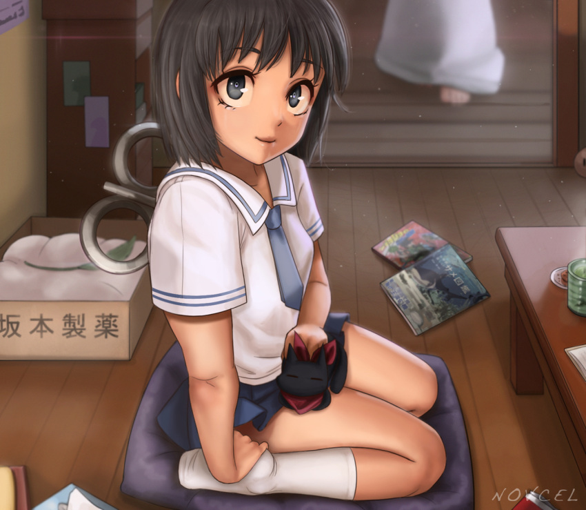2girls, arm_support, black_hair, blouse, blue_eyes, blue_necktie, blue_skirt, box