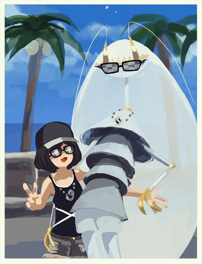 1girl, :d, alolan_exeggutor, antennae, baseball_cap, black_hair, black_hat, black_shirt, clouds, cockroach, day, female_protagonist_(pokemon_sm), hat, insect, jewelry, necklace, open_mouth, outdoors, palm_tree, pheromosa, pleo, pokemon, pokemon_(creature), pokemon_(game), pokemon_sm, shirt, short_hair, smile, sunglasses, tank_top, team_skull, tiara, tree, ultra_beast, v