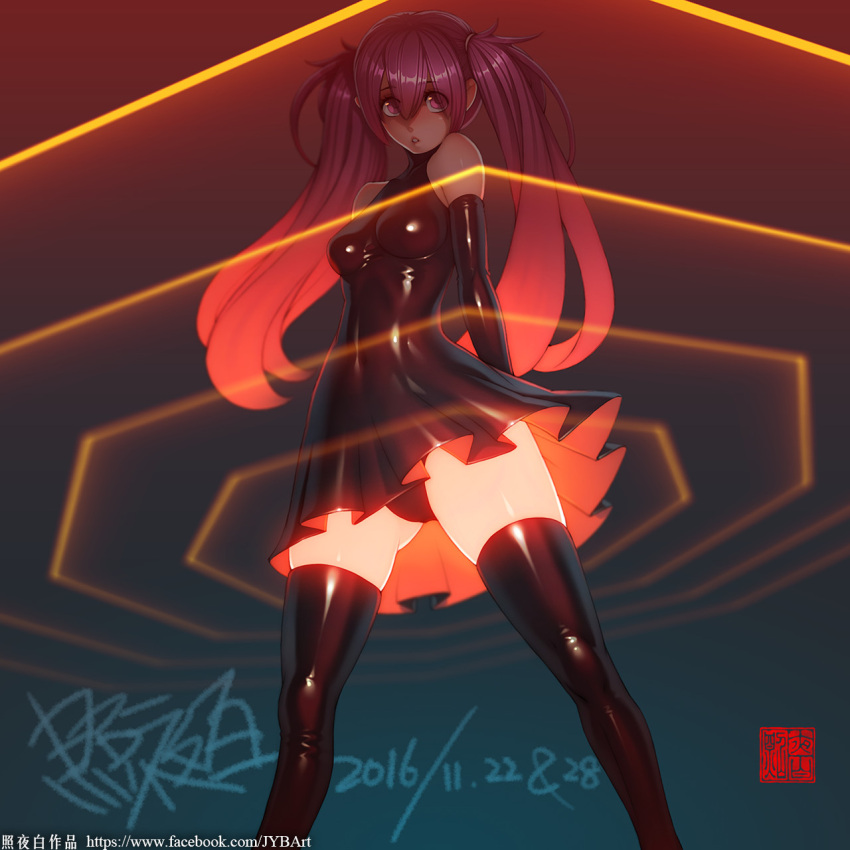 1girl, arms_behind_back, artist_name, bangs, bare_shoulders, black_dress, black_gloves, black_legwear, black_panties, breasts, covered_navel, cowboy_shot, dress, elbow_gloves, eyebrows_visible_through_hair, eyelashes, gloves, gluteal_fold, hair_between_eyes, hair_ornament, hair_tie, highres, latex, latex_dress, latex_gloves, latex_thighhighs, legs_apart, long_hair, medium_breasts, multicolored_hair, neon_genesis_evangelion, original, panties, pantyshot, pantyshot_(standing), parody, parted_lips, pink_hair, purple_hair, shiny, shiny_clothes, short_dress, skin_tight, skindentation, sleeveless, sleeveless_dress, solo, standing, thigh-highs, turtleneck, twintails, two-tone_hair, underwear, upskirt, violet_eyes, watermark, web_address, zettai_ryouiki, zhaoyebai