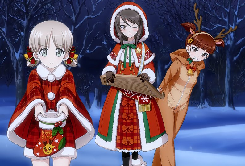 3girls, aki_(girls_und_panzer), alternate_costume, animal_costume, antlers, arms_behind_back, bare_tree, bell
