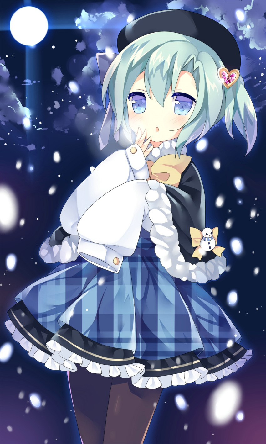 1girl, beret, black_hat, black_legwear, blue_eyes, blue_skirt, blush, bow