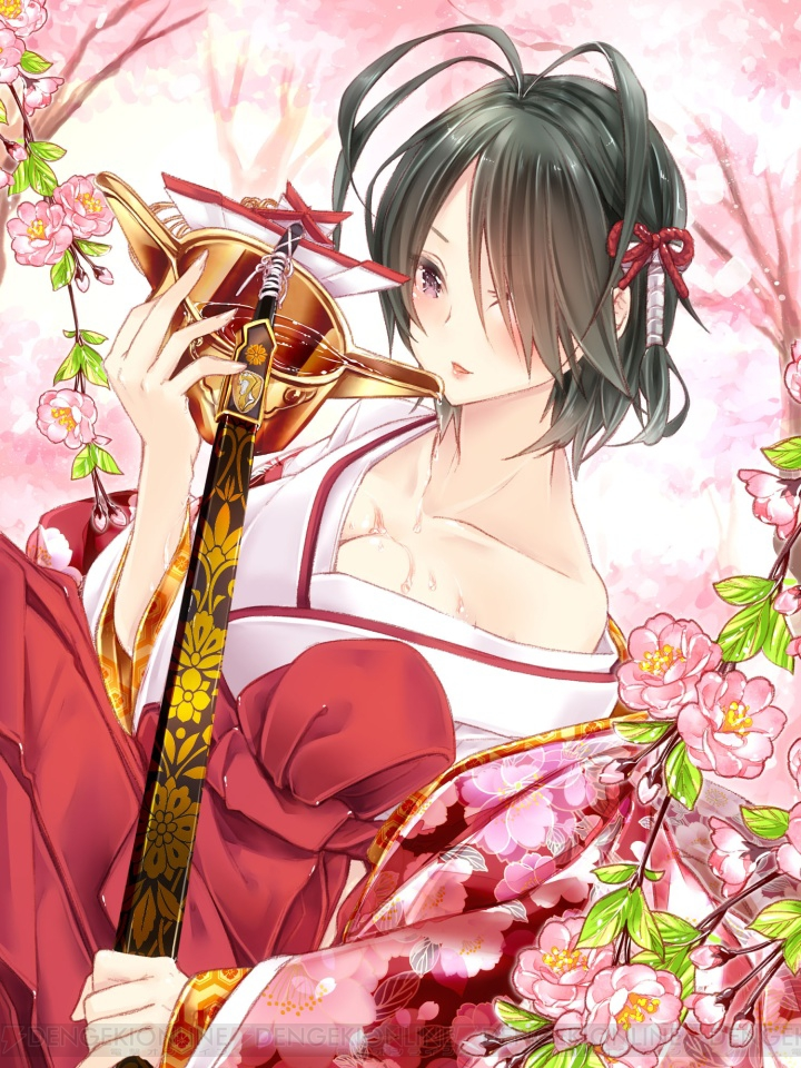 1girl, artist_request, black_hair, breasts, cleavage, collar, flower, hair_over_one_eye