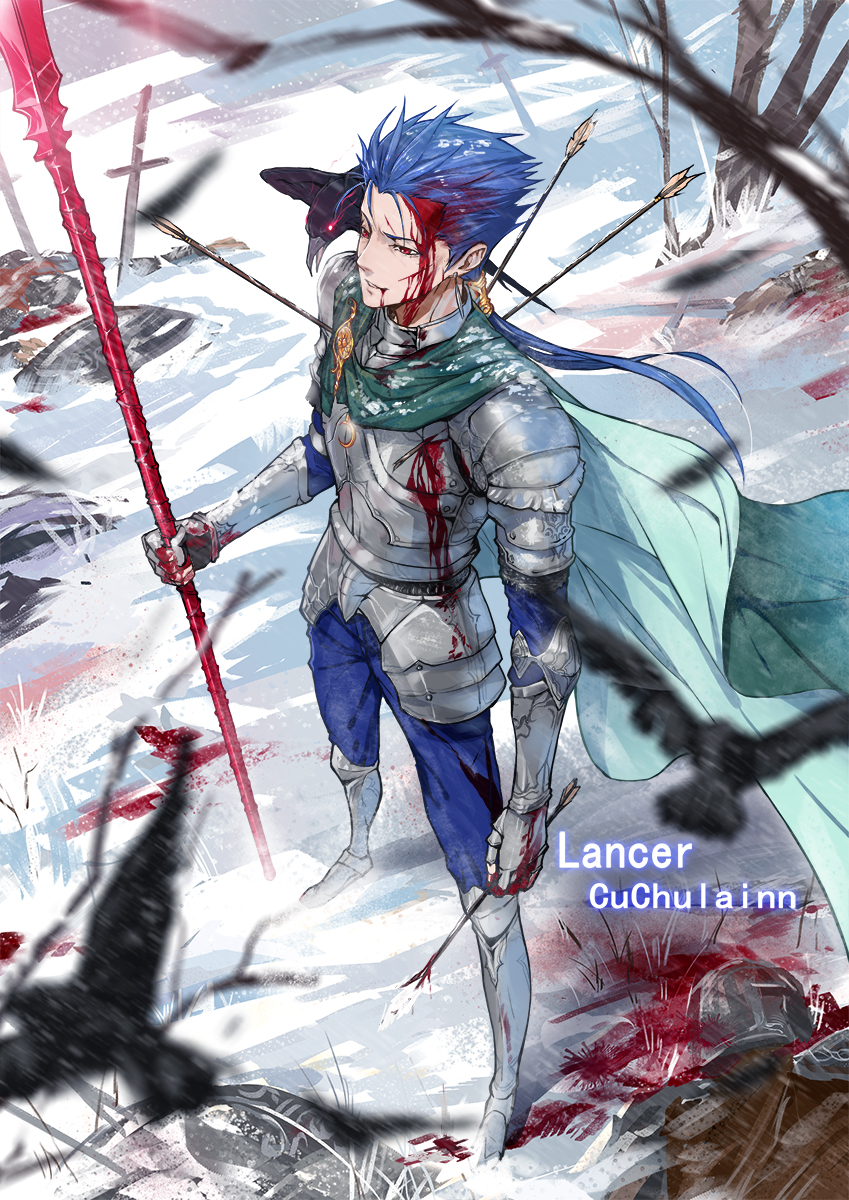 1boy, accessories, armor, arrow, arrow_in_body, bird, blood, blood_from_mouth, blood_on_face, blood_stain, bloody_clothes, bloody_hands, blue_hair, boots, cape, crow, cu_chulainn_(fate/grand_order), fate/grand_order, fate/stay_night, fate_(series), feathers, gae_bolg, gauntlets, gloves, helmet, highres, holding, injury, jun_ling, lance, lancer, lancer_(fate/zero), long_hair, metal, open_mouth, pauldrons, polearm, ponytail, red_eyes, rock, snow, solo, spear, sword, tree, weapon