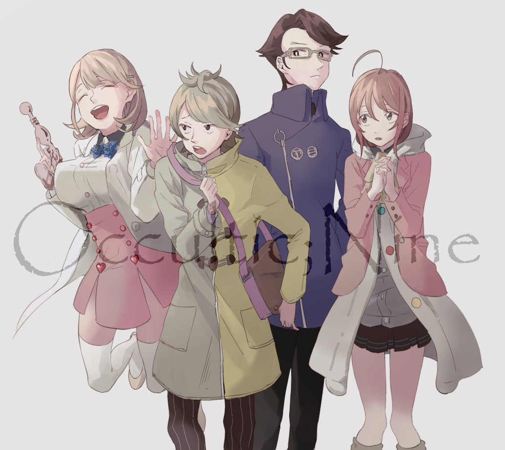 2boys, 2girls, ahoge, aikawa_miyuu, breasts, brown_eyes, brown_hair, copyright_name