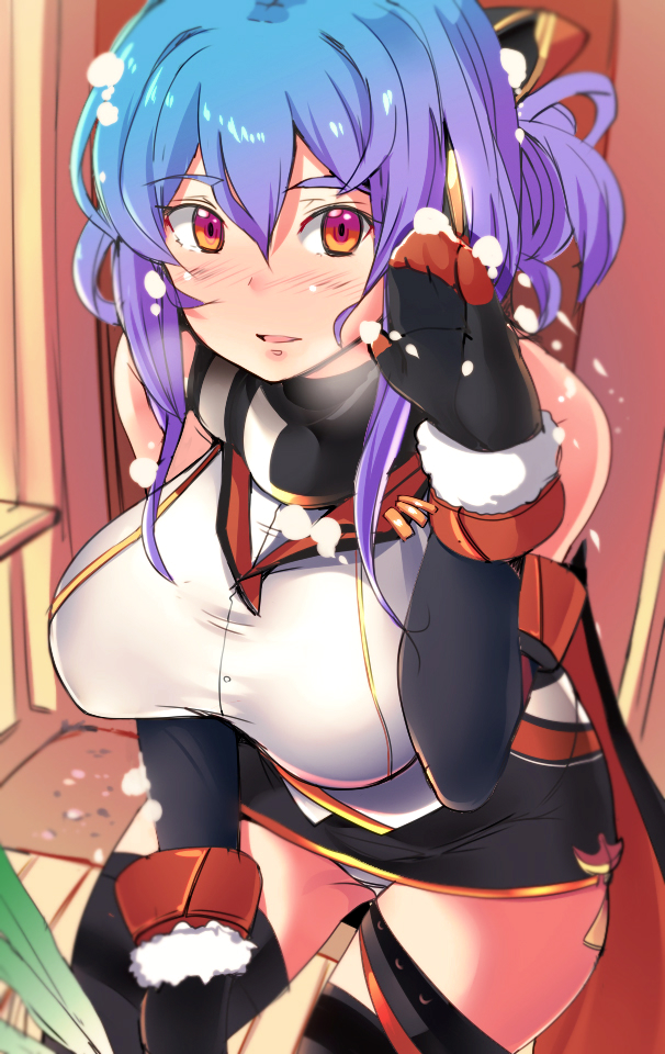 1girl, alternate_costume, bare_shoulders, black_gloves, black_legwear, blue_hair, blush, breasts, cowboy_shot, detached_sleeves, gloves, hair_between_eyes, helena_(zhan_jian_shao_nyu), indoors, large_breasts, looking_at_viewer, miniskirt, mittens, panties, panty_peek, parted_lips, pon'nusu_pon'nu_(sooblog), red_eyes, scarf, skirt, snow, solo, thigh-highs, tied_hair, underwear, white_panties, zhan_jian_shao_nyu