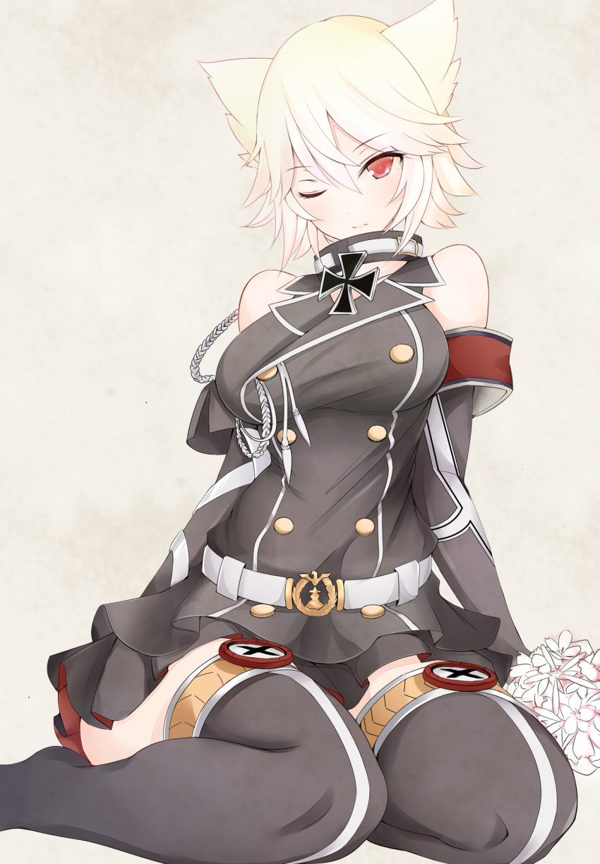1girl, aiguillette, animal_ears, armband, bare_shoulders, belt, bismarck_(zhan_jian_shao_nyu), black_jacket