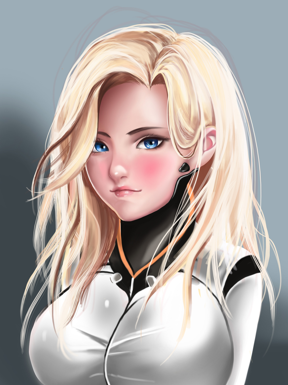 1girl, alternate_hairstyle, arms_behind_back, blonde_hair, blue_eyes, blush, bodysuit, breasts, eyelashes, eyeliner, gimgugnae, gradient, gradient_background, grey_background, hair_down, highres, light_smile, lips, lipstick, looking_at_viewer, makeup, medium_breasts, mercy_(overwatch), no_headwear, no_wings, nose, overwatch, pink_lipstick, portrait, solo