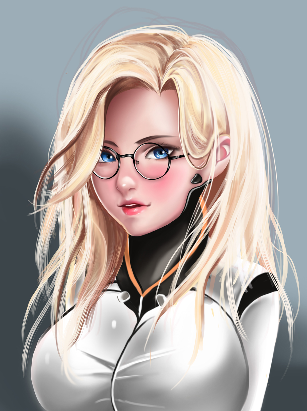 1girl, alternate_hairstyle, arms_behind_back, bespectacled, blonde_hair, blue_eyes, blush, bodysuit, breasts, eyelashes, eyeliner, gimgugnae, glasses, gradient, gradient_background, grey_background, hair_down, highres, light_smile, lips, lipstick, long_hair, looking_at_viewer, makeup, medium_breasts, mercy_(overwatch), no_headwear, no_wings, nose, overwatch, parted_lips, pink_lipstick, portrait, solo