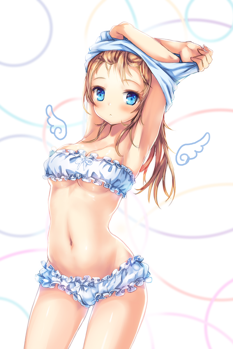 1girl, :<, armpits, arms_up, bangs, blue_eyes, blush, bow
