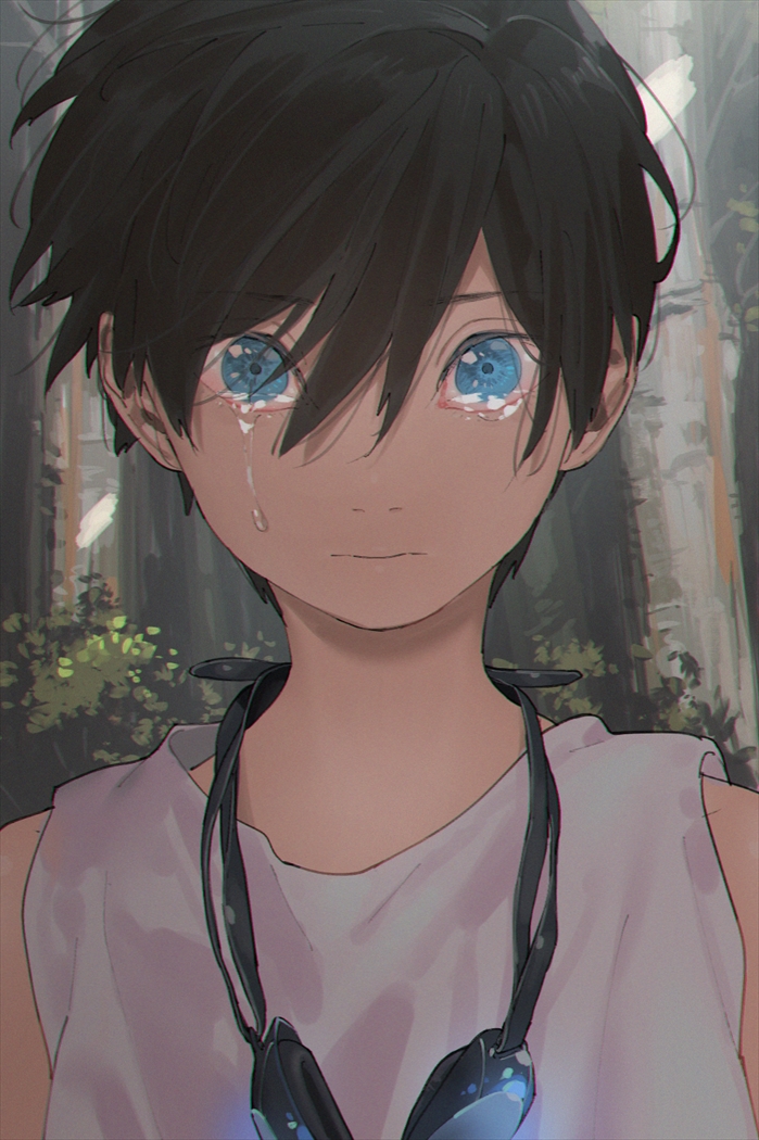 1boy, bangs, bare_shoulders, black_hair, blue_eyes, bush, closed_mouth, crying
