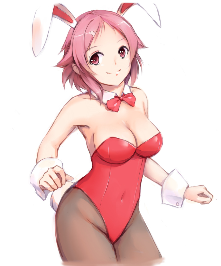 1girl, absurdres, animal_ears, bow, bowtie, breasts, brown_legwear, bunny_girl