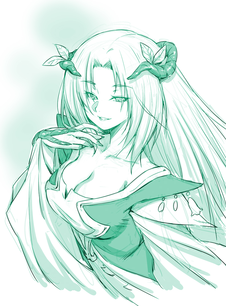 1girl, breasts, cleavage, collarbone, dress, evil_smile, fingernails, fresh_precure!, green, hand_on_own_chest, horns, kazuma_muramasa, large_breasts, long_fingernails, long_hair, monochrome, northa_(fresh_precure!), parted_lips, precure, sketch, smile, solo