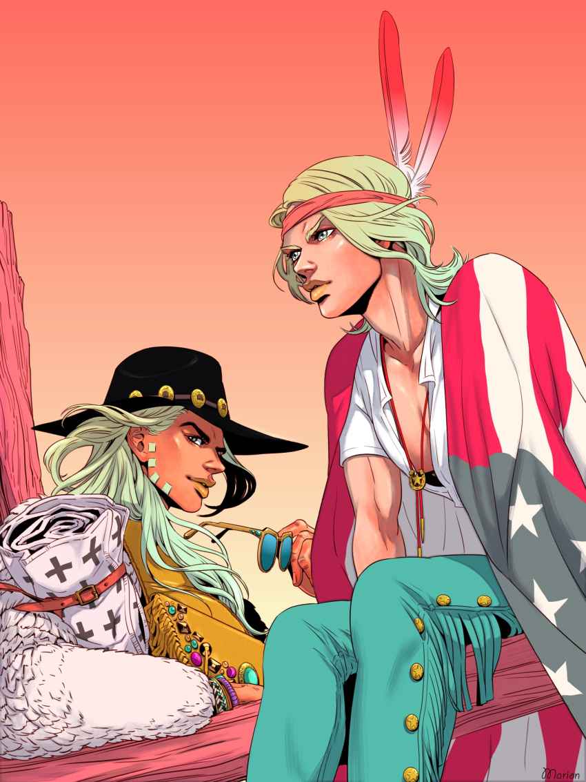 2boys, american_flag, artist_name, belt, black_eyes, blanket, blonde_hair, blue_eyes