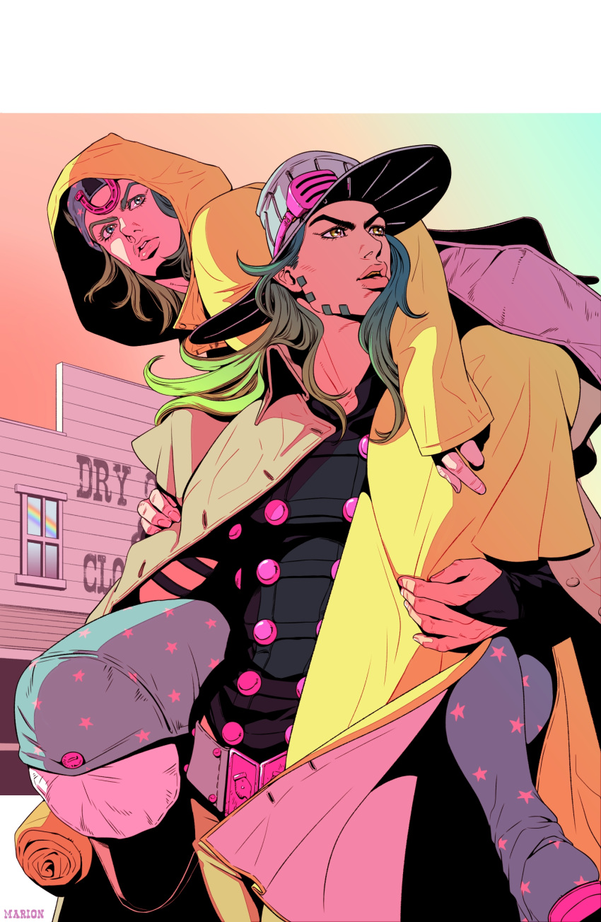 2boys, artist_name, belt_buckle, blue_eyes, buckle, building, carrying_over_shoulder, cowboy_hat