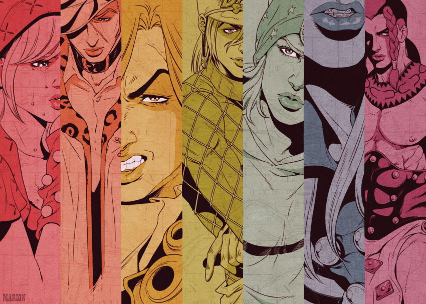 1girl, 6+boys, braid, clenched_teeth, column_lineup, diego_brando, funny_valentine, greyscale
