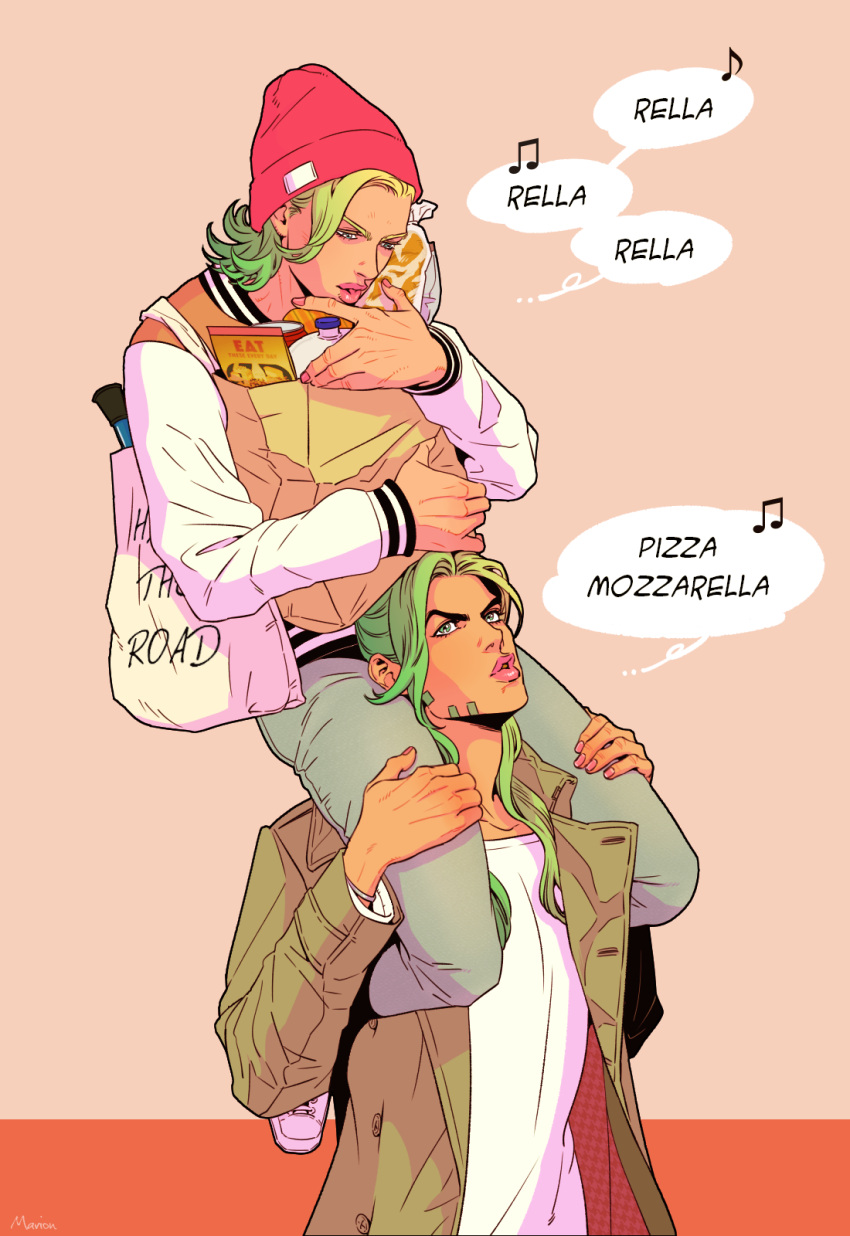 2boys, bag, beamed_quavers, carrying, contemporary, facial_hair, gradient_hair, green_eyes