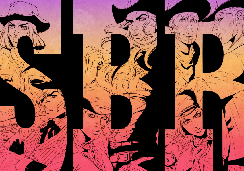 2girls, 5boys, alternate_costume, arm_above_head, belt, breast_pocket, cowboy, cowboy_hat