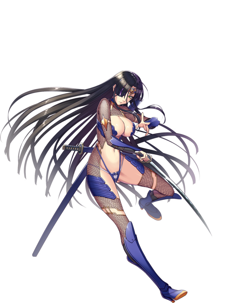 1girl, armor, armored_boots, azami_(sennen_sensou_aigis), bikini_armor, black_hair, boots, breasts