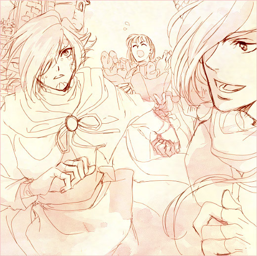 gourry_gabriev, male, monochrome, nama_(pixiv423000), pink, slayers, xelloss, yellow_background, zelgadiss_graywords