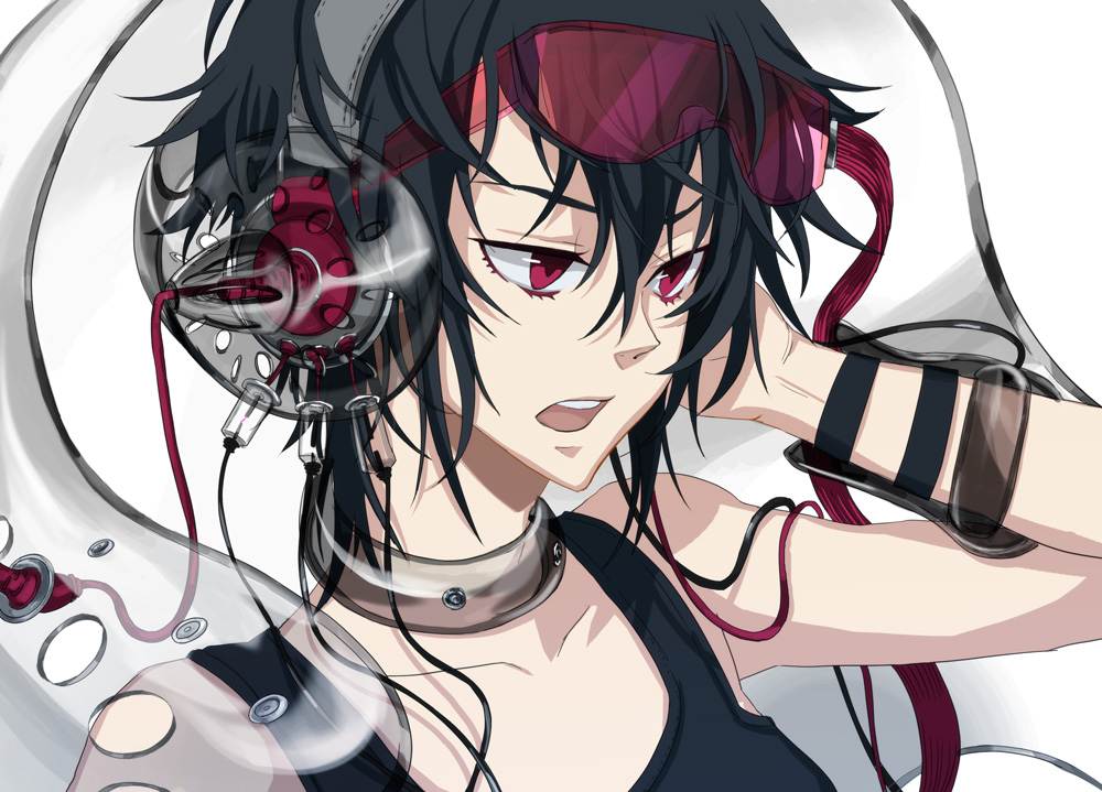 collar, collarbone, glasses, headphones, original, osamu_(jagabata), red_eyes, short_hair