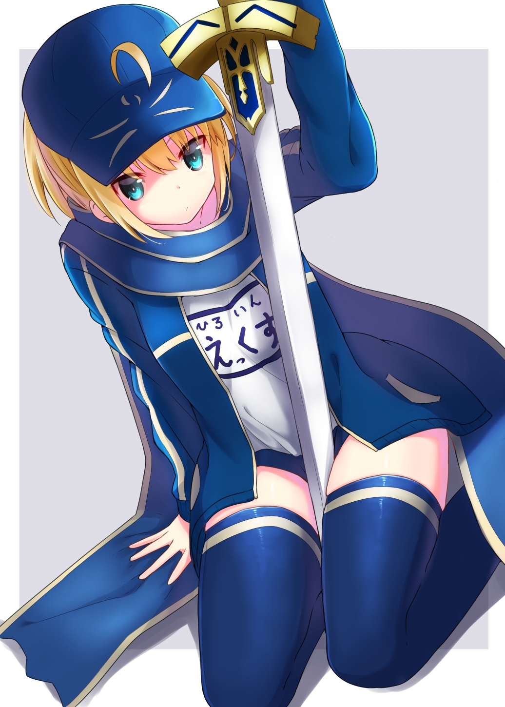 1girl, ahoge, baseball_cap, blonde_hair, blue_eyes, blue_jacket, blue_legwear, blue_scarf