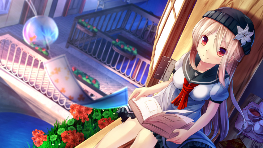 1girl, absurdres, blonde_hair, book, book_on_lap, breasts, brown_eyes, chair