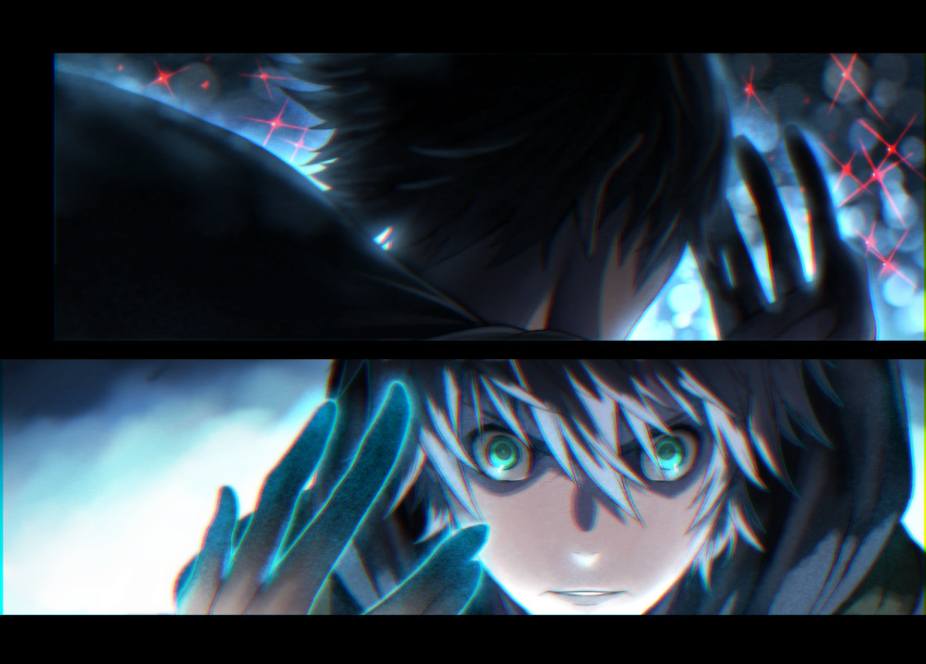 1boy, face, gradient, gradient_background, green_eyes, hair_between_eyes, hands, male_focus, miyagi_ruka, multiple_views, original, short_hair, silver_hair, solo