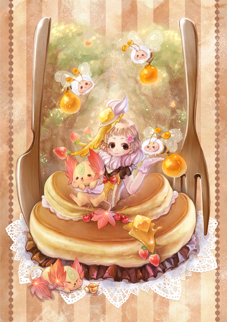 1girl, bee, black_eyes, brown, brown_background, brown_dress, brown_hair, butter, cherry, creature, dress, flower, food, food_themed_clothes, food_themed_hair_ornament, fork, frilled_dress, frills, fruit, gloves, hair_flower, hair_ornament, knife, leaf, looking_at_viewer, maple_leaf, morinaga_(brand), original, pancake, personification, poko_(mipoko), short_hair, smile, solo, strawberry, striped, vertical-striped_background, vertical_stripes, whipped_cream, white_gloves