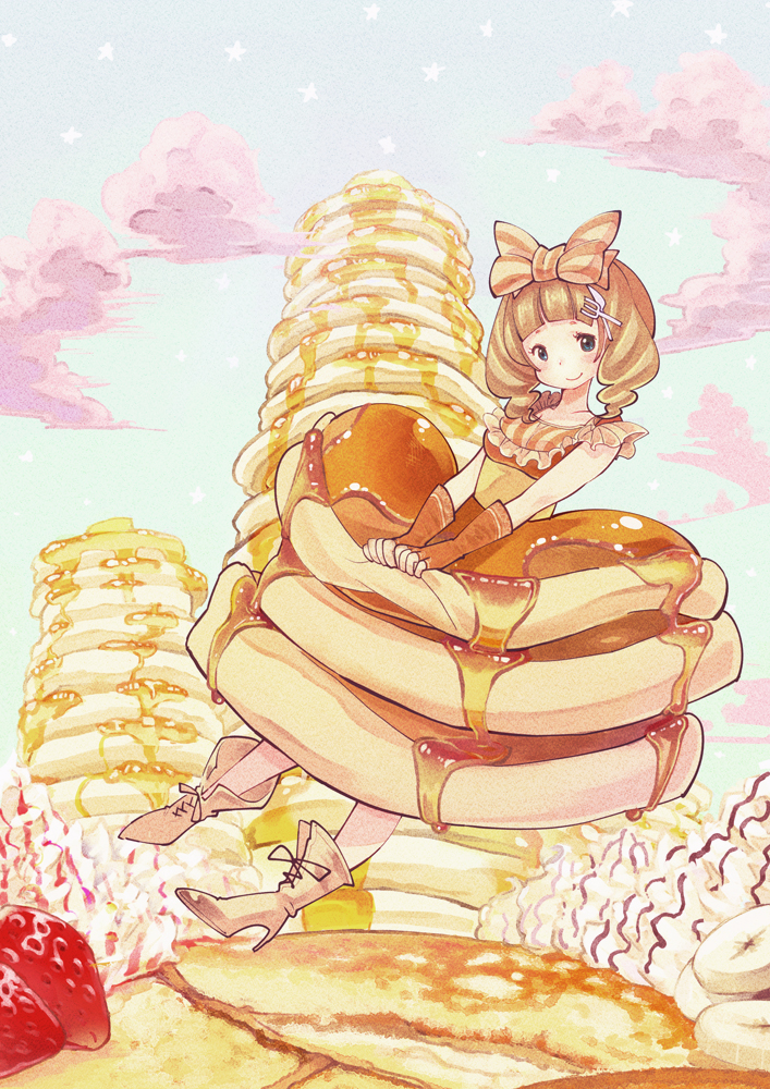 1girl, aronia, banana_slice, bow, brown_gloves, brown_hair, fingerless_gloves, food