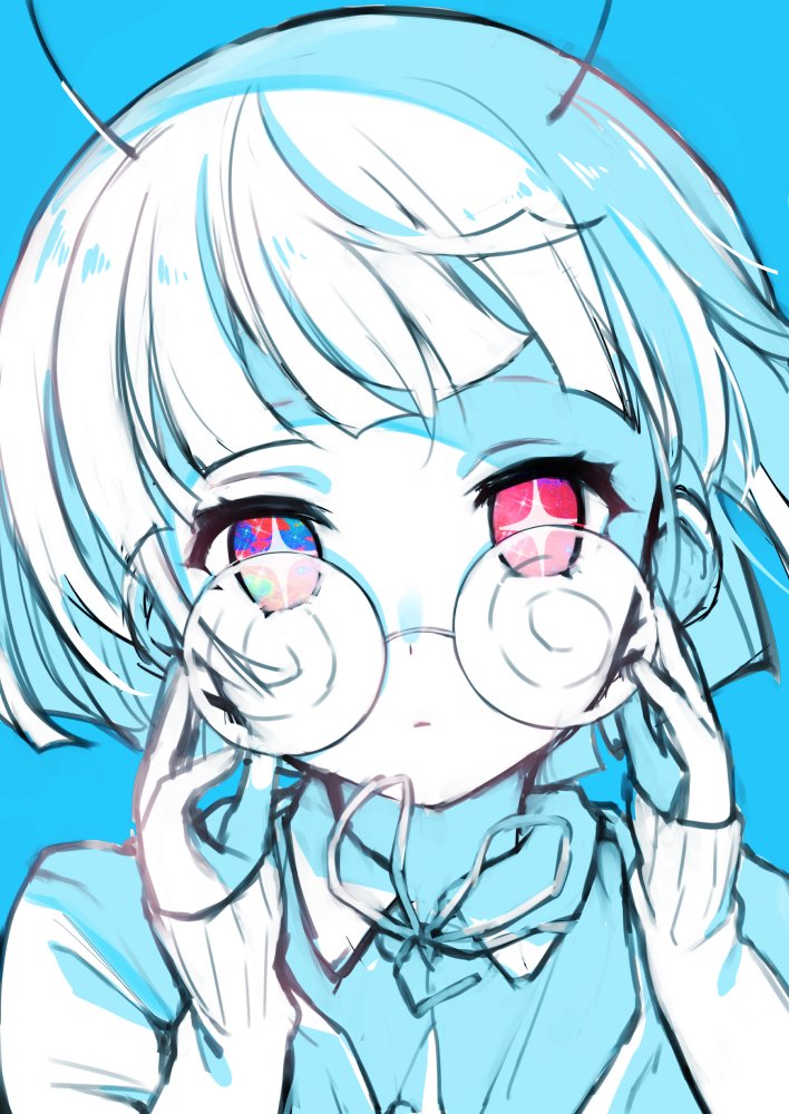 +_+, 1girl, andromedako, bangs, blue_background, blunt_bangs, bob_cut, cardigan