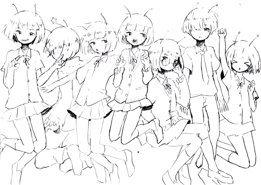 >_<, 2boys, 5girls, alien_alien_(vocaloid), andromeda_andromeda_(vocaloid), andromedako, andromedao, antennae, arm_up, bangs, blunt_bangs, bob_cut, cardigan, claw_pose, clenched_hand, closed_eyes, coat, coke-bottle_glasses, facing_away, hair_over_one_eye, highres, hikou_shoujo_(vocaloid), how_to_warp_(vocaloid), jitome, kneehighs, mitsuki_sanagi, monochrome, multiple_boys, multiple_girls, perfect_seimei_(vocaloid), pleated_skirt, rocket_cider_(vocaloid), school_uniform, short_hair, short_sleeves, skirt, smile, star, stratostella_(vocaloid), uniform, vocaloid, white_background