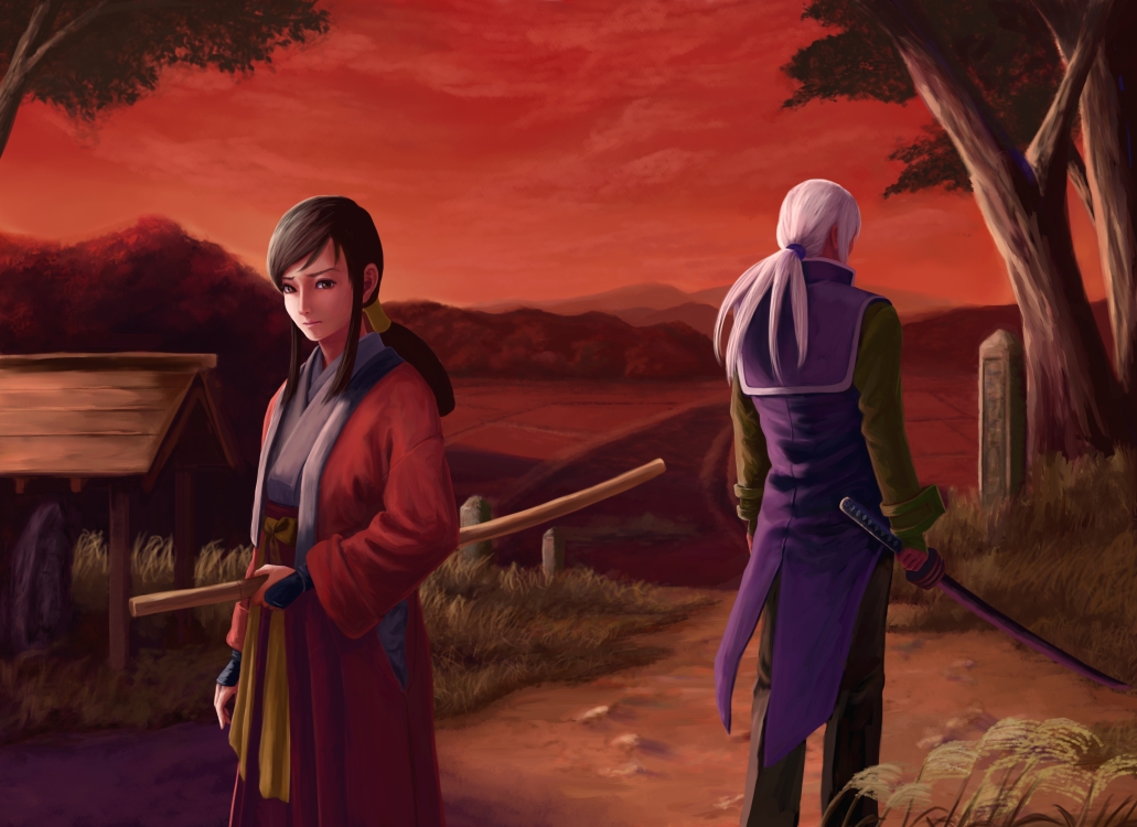 1boy, 1girl, back-to-back, bakumatsu_rouman, bakumatsu_rouman_dainimaku, black_hair, ebi_furai_(erhu112), facing_away