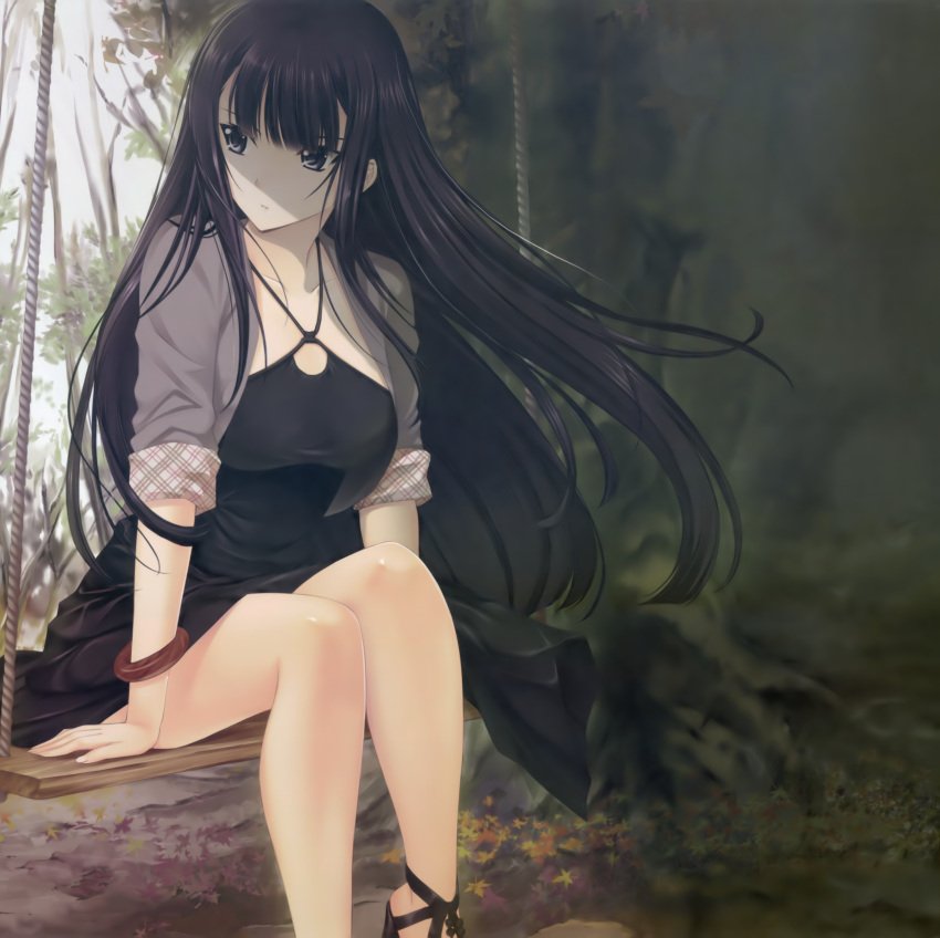 1girl, absurdres, artist_request, bangs, black_dress, black_hair, blunt_bangs, collarbone, dress, high_heels, highres, long_hair, looking_away, muvluv, muvluv_alternative, muvluv_total_eclipse, sitting, sleeves_folded_up, solo, swing, wavy_hair, wristband, yamashiro_kazusa