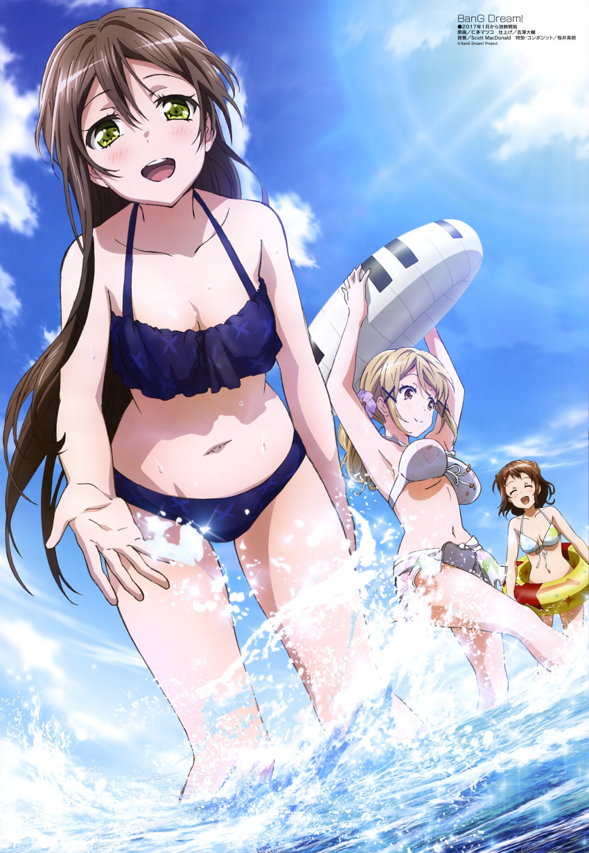 3girls, absurdres, bang_dream!, bikini, blonde_hair, blush, breasts, brown_hair