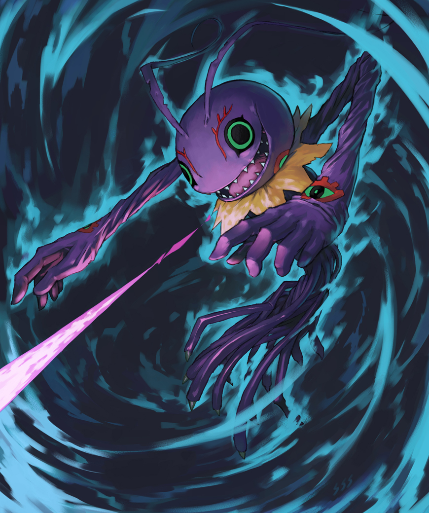 blue_background, digimon, digimon_adventure, green_eyes, kazkazkaz, keramon, no_humans, open_mouth, solo, teeth
