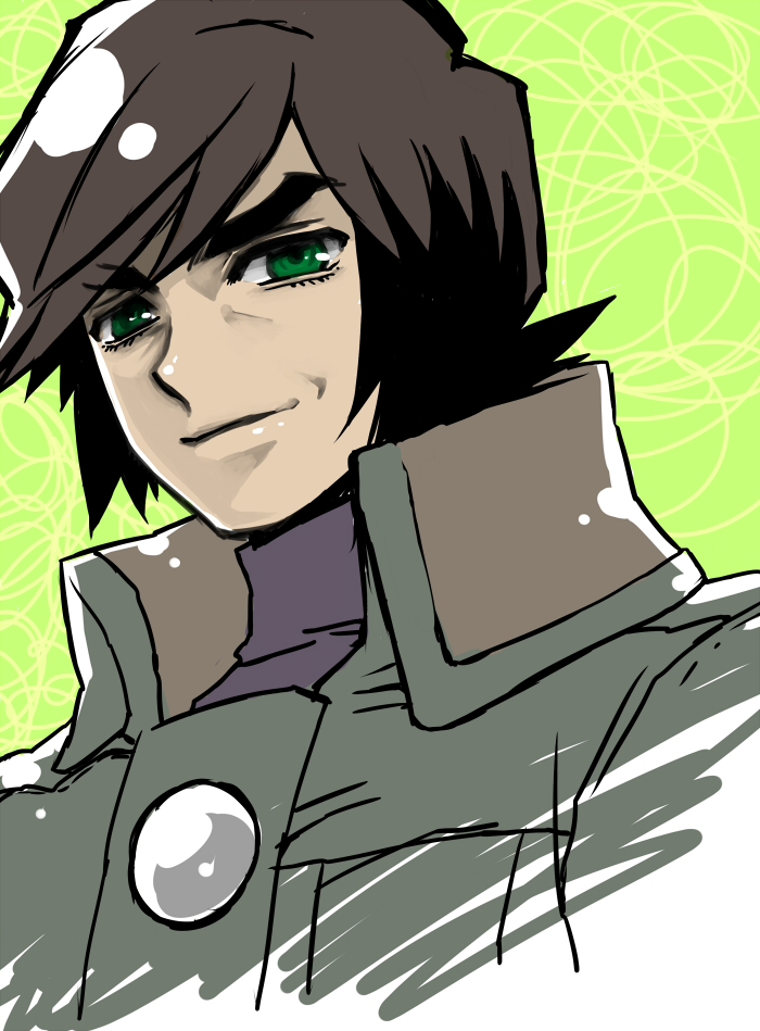 101112f, 1boy, brown_hair, coat, green_background, green_eyes, jindai_(pokemon), male_focus, pokemon, pokemon_(game), pokemon_rse, portrait, solo