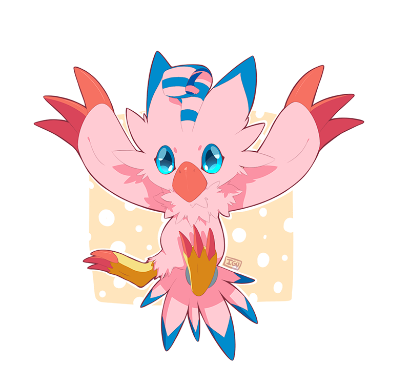 artist_name, bird, biyomon, blue_eyes, digimon, digimon_adventure, feathered_wings, feathers, iguky_neky, no_humans, solo, white_background, wings