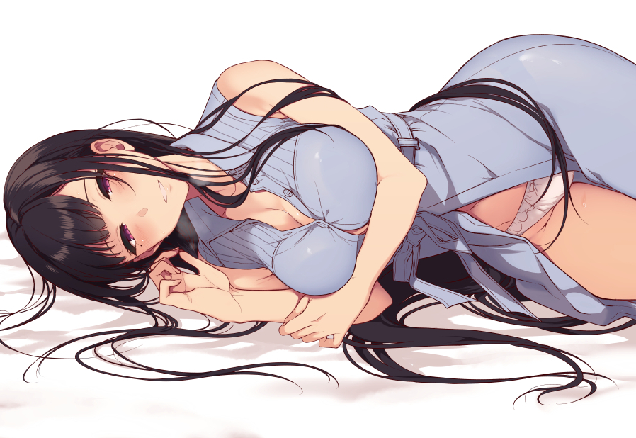 1girl, ane_naru_mono, black_hair, blush, breasts, chiyo_(ane_naru_mono), cleavage, curvy