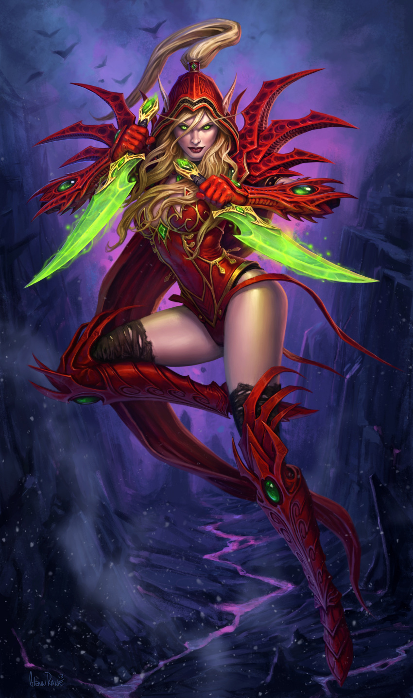 1girl, absurdres, artist_name, blonde_hair, blood_elf, boots, breasts, dagger