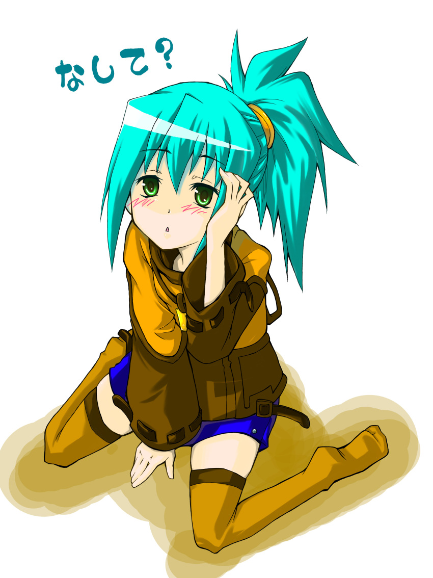 absurdres, adjusting_hair, aqua_hair, bad_id, blush, detached_sleeves, green_eyes, highres, itochin, kawai_honoka, kawai_honoka_(swks), ponytail, sitting, skirt, sora_wo_kakeru_shoujo, spiked_hair, spiky_hair, thigh-highs, thighhighs