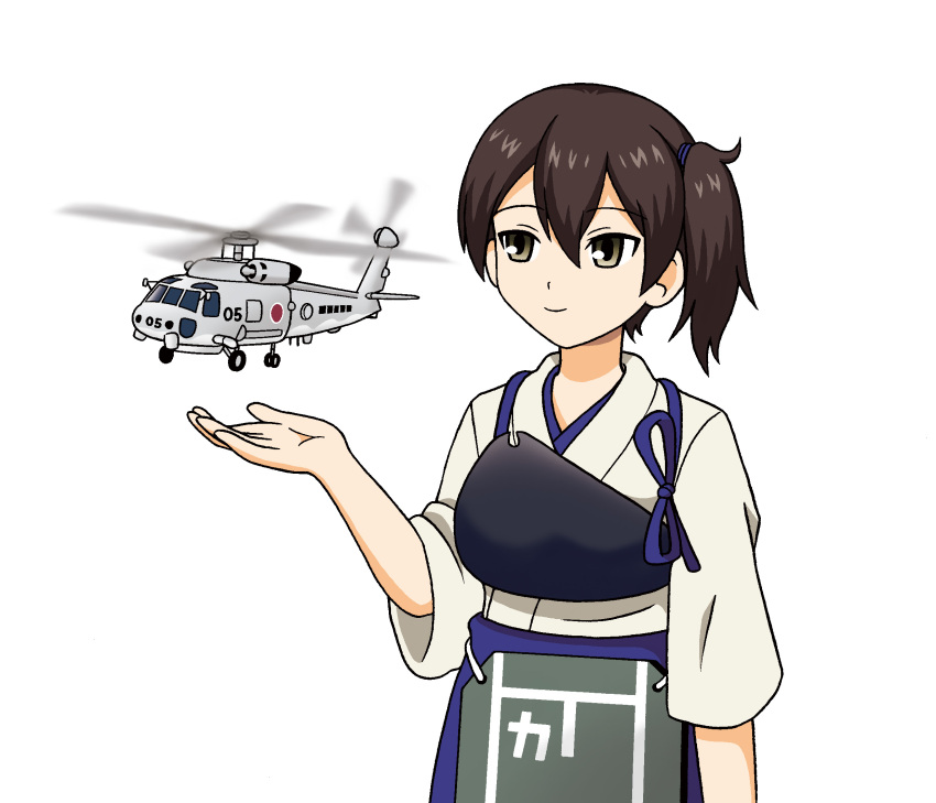 1girl, aircraft, brown_eyes, brown_hair, commentary_request, helicopter, highres, hoshino_banchou