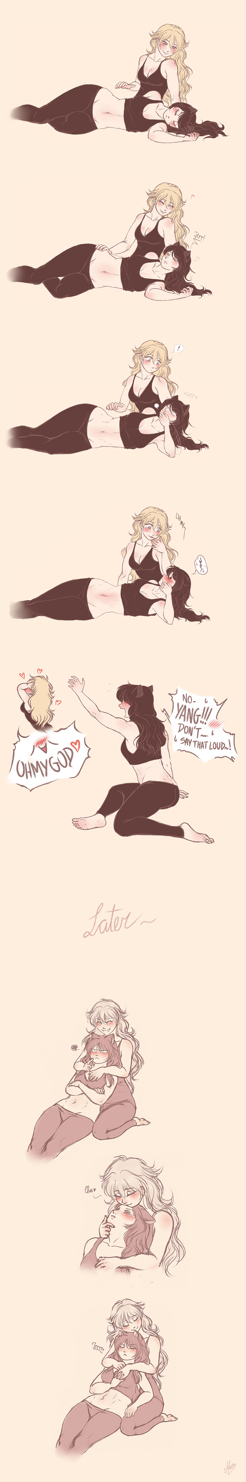 !, 2girls, abs, absurdres, animal_ears, ass, black_hair, blake_belladonna, blonde_hair, blush, breasts, cat_ears, cleavage, comic, covering_mouth, english, female, forehead_kiss, groin, hand_holding, heart, highres, kiss, large_breasts, long_hair, long_image, lying, midriff, multiple_girls, murasaki-yuri, navel, on_side, partially_colored, rwby, sleeping, tall_image, tank_top, yang_xiao_long, yuri