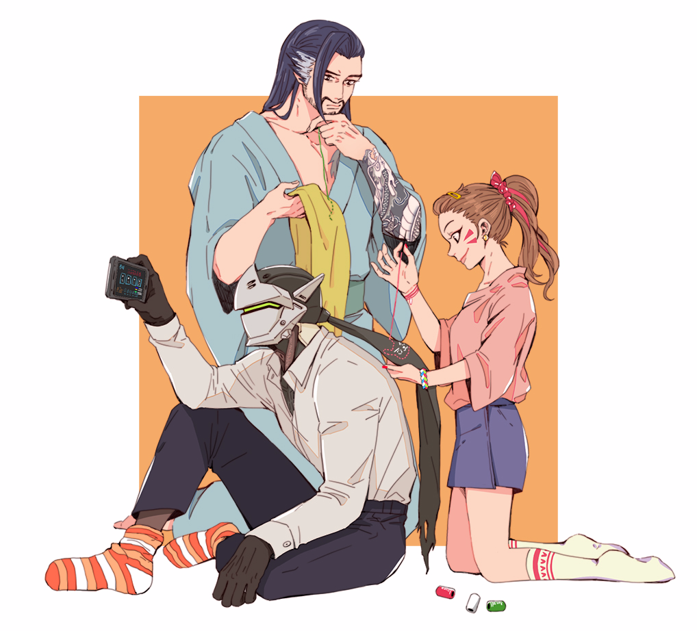 1girl, 2boys, alternate_costume, alternate_hairstyle, arm_tattoo, beard, black_hair, black_pants, brothers, brown_eyes, brown_hair, cellphone, closed_mouth, collarbone, collared_shirt, cyborg, d.va_(overwatch), earrings, facial_hair, fingernails, from_side, genji_(overwatch), hair_ornament, hair_ribbon, hairclip, hanzo_(overwatch), holding, holding_cellphone, japanese_clothes, jewelry, kimono, knee_up, kneehighs, kneeling, long_hair, long_sleeves, mask, multiple_boys, mustache, nail_polish, needle, overwatch, pants, phone, pink_lips, ponytail, purple_hair, purple_skirt, red_nails, red_ribbon, reunggoo, ribbon, shirt, siblings, sitting, skirt, sleeves_past_elbows, smartphone, smile, socks, stitches, stitching, striped, striped_legwear, tattoo, thread, unbuttoned, unbuttoned_shirt, veil, white_legwear, white_shirt, wristband