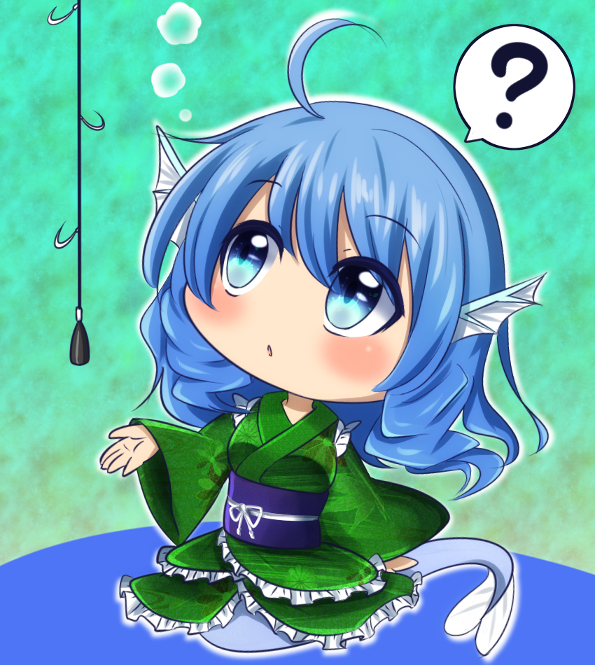 1girl, ?, ahoge, blue_hair, blush, chibi, fish_tail, fishing_hook