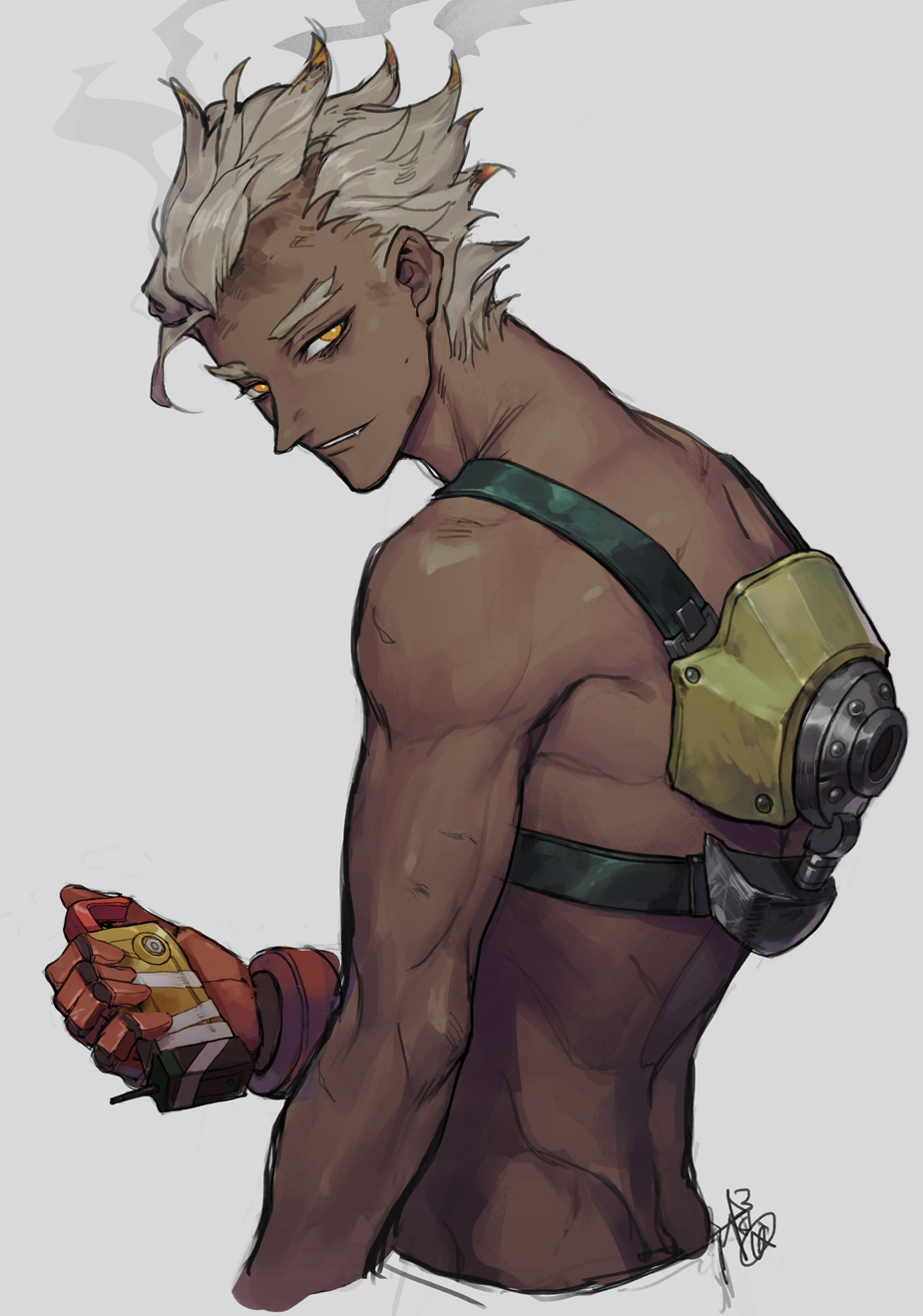 1boy, arm_at_side, back, belt, burning_hair, cropped_torso, dark_skin, dark_skinned_male, dirty_face, explosive, fan_ju, fang, fang_out, from_side, grey_background, grey_hair, hair_slicked_back, highres, holding, junkrat_(overwatch), leaning_forward, looking_at_viewer, male_focus, mechanical_arm, overwatch, parted_lips, shirtless, signature, simple_background, sketch, smoke, solo, yellow_eyes
